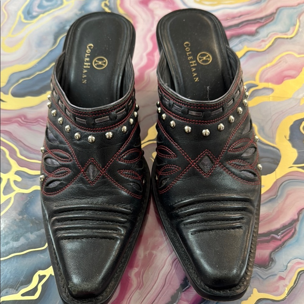 Cole Haan Black Leather Studded Mules